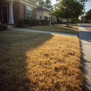suburban street, with patchy dry lawn with short yellow grass, well lit