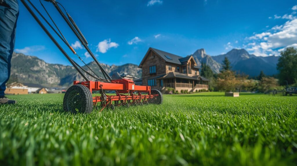 aeration of home lawn, with house and rocky mountain scenery in background